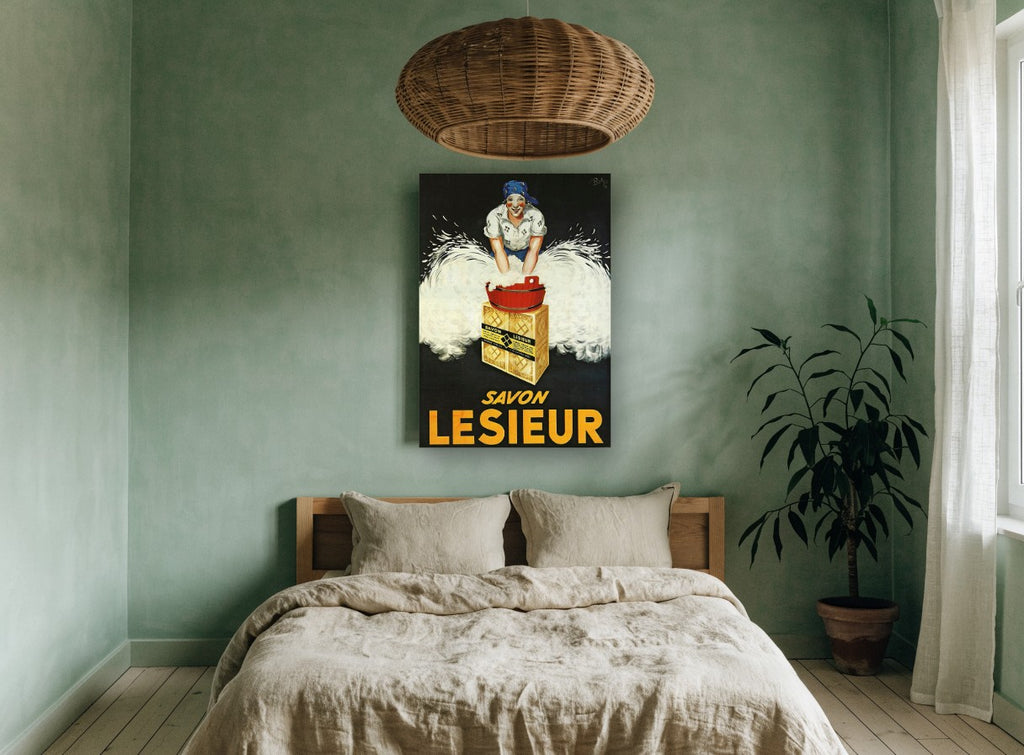 Lesieur Soap Suds vintage canvas print on the wall of a bedroom
