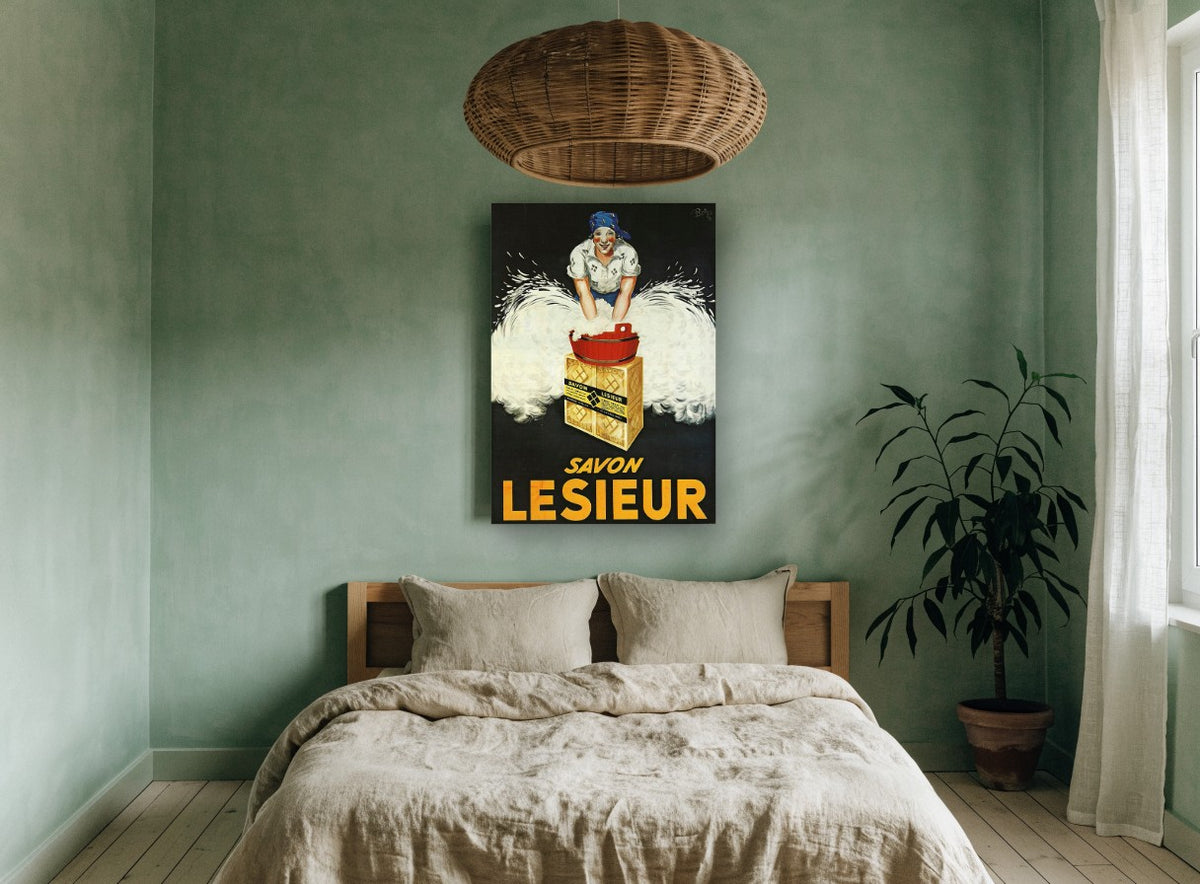 Lesieur Soap Suds vintage canvas print on the wall of a bedroom