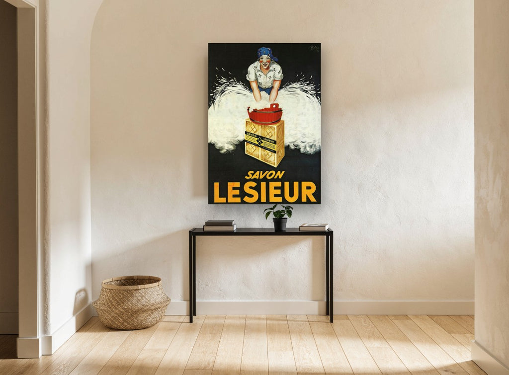 Lesieur Soap Suds vintage canvas print on the wall of a hallway