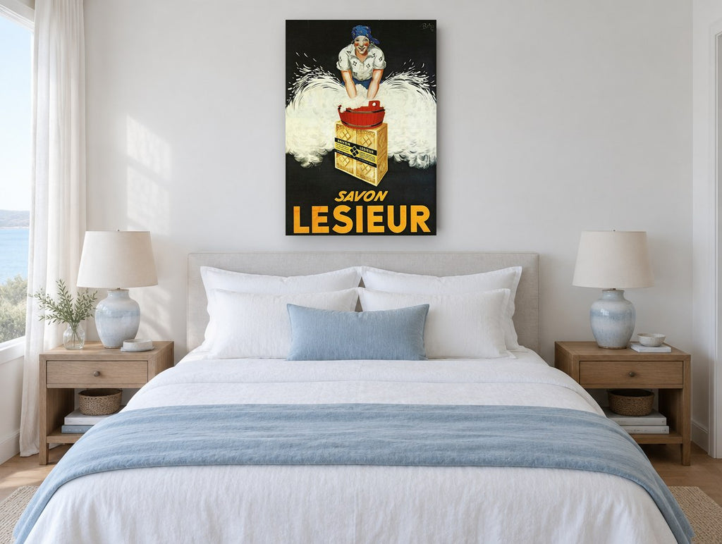 Lesieur Soap Suds vintage canvas print on the wall of a coastal bedroom