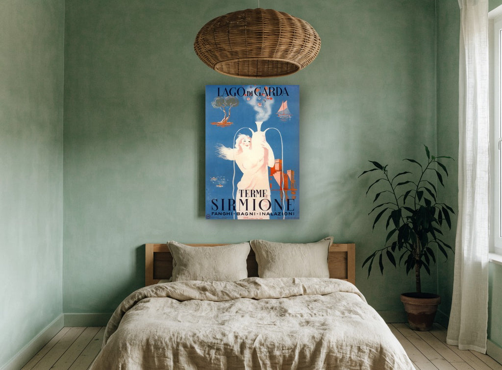 Sirmione Spa Water Nymph vintage canvas print on the wall of a bedroom