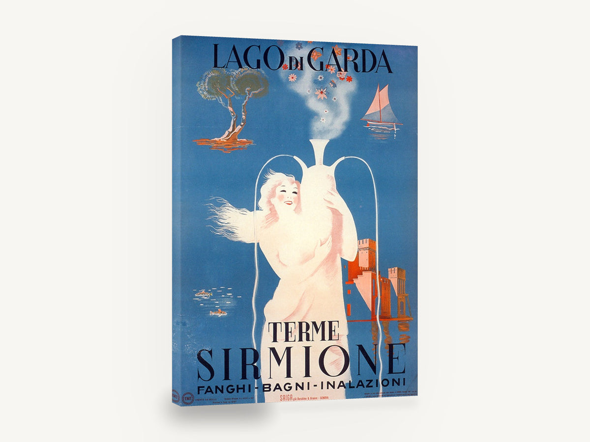 Sirmione Spa Water Nymph, vintage lago di garda spa travel poster, stretched canvas wall art print ready to hang