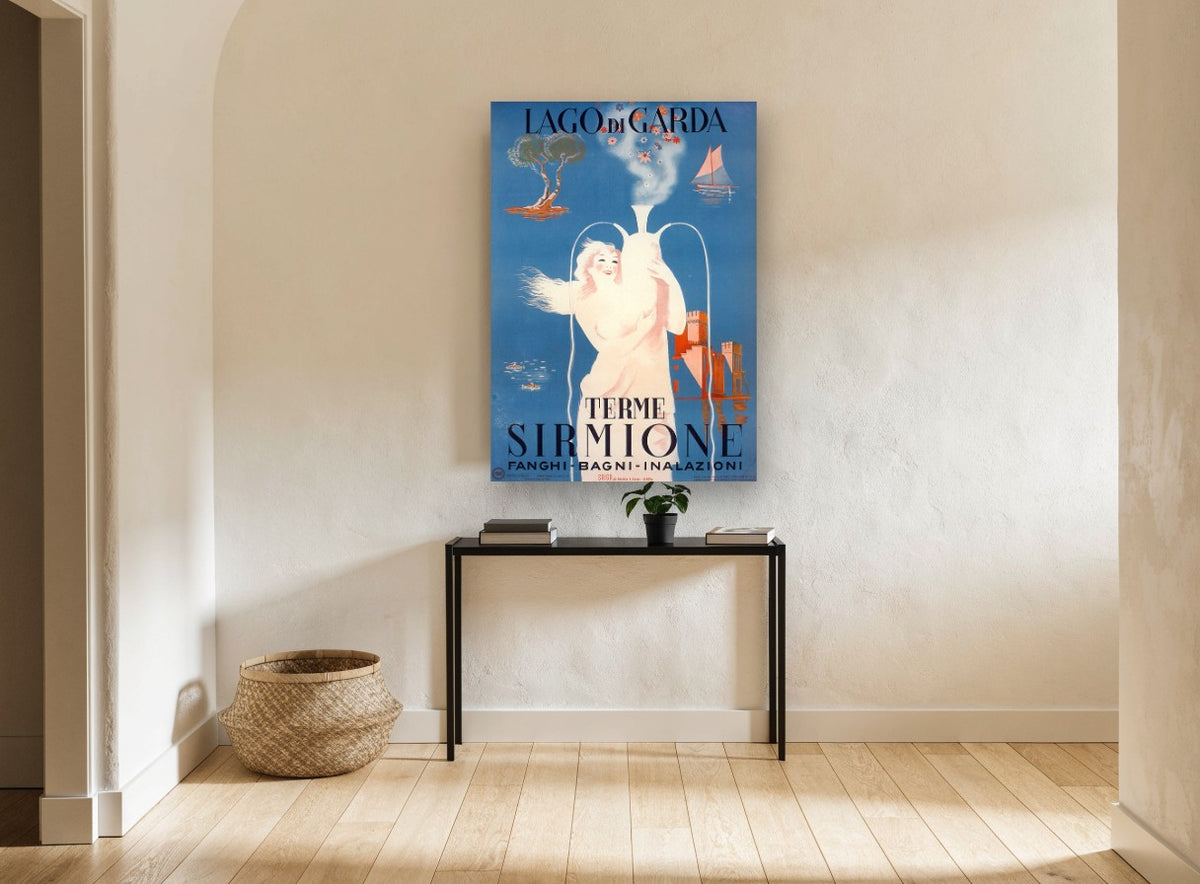 Sirmione Spa Water Nymph vintage canvas print on the wall of a hallway