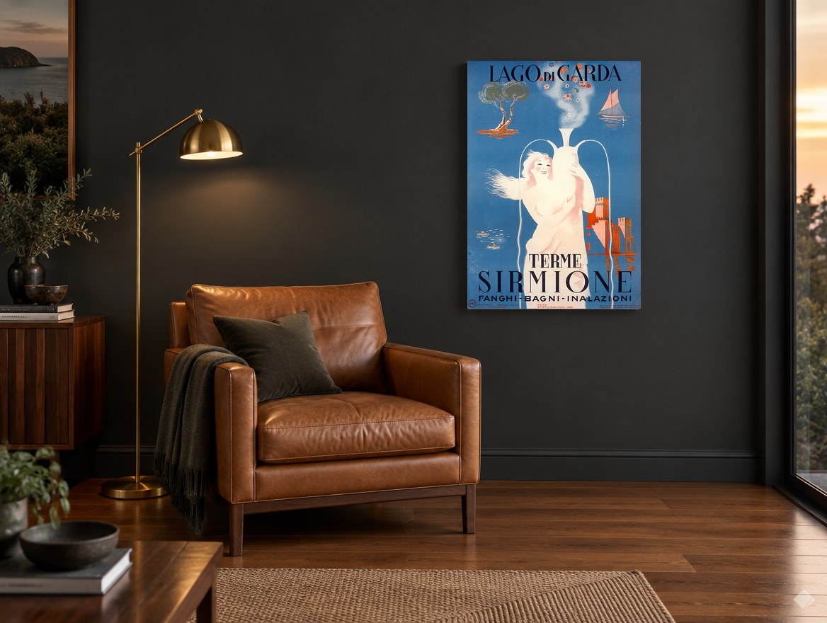 Sirmione Spa Water Nymph vintage canvas print on the wall of a charcoal living room