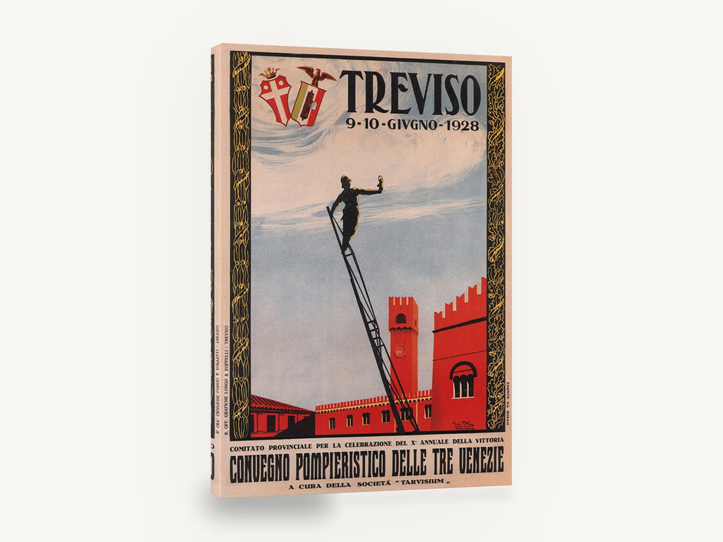 Treviso Firemen's Gathering, vintage treviso 1928 italian event poster, stretched canvas wall art print ready to hang