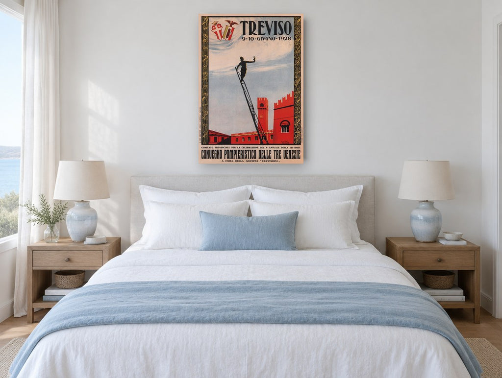 Treviso Firemen's Gathering vintage canvas print on the wall of a coastal bedroom