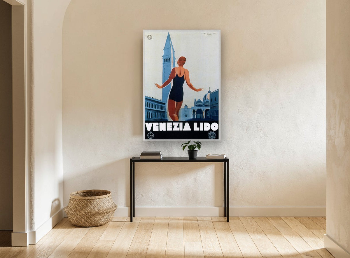 Venezia Lido Bather vintage canvas print on the wall of a hallway