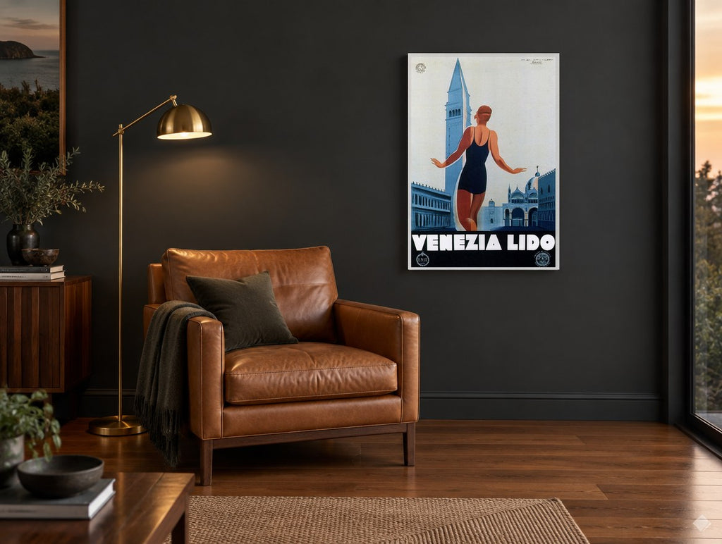 Venezia Lido Bather vintage canvas print on the wall of a charcoal living room