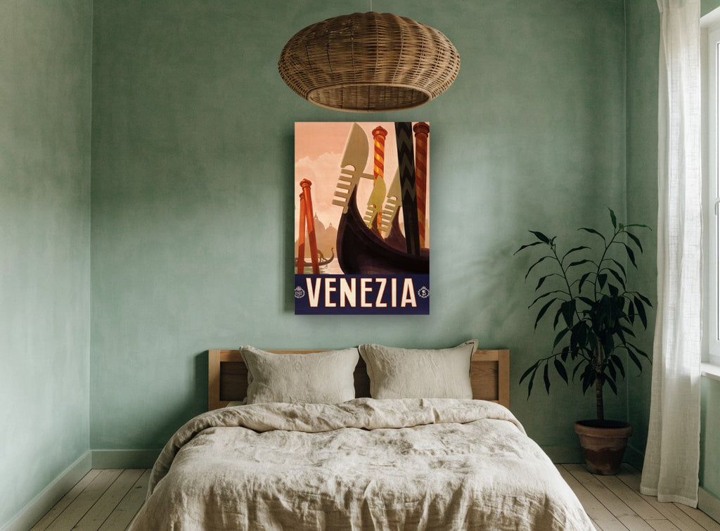 Venezia Gondola Prows vintage canvas print on the wall of a bedroom