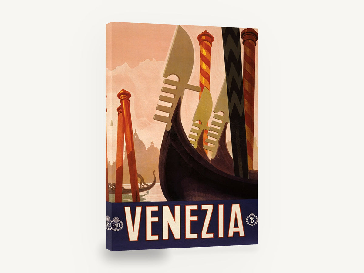 Venezia Gondola Prows, vintage venice gondola travel poster, stretched canvas wall art print ready to hang