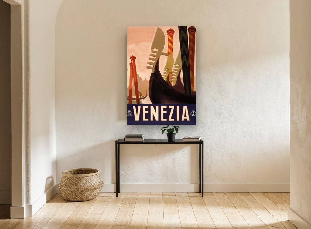 Venezia Gondola Prows vintage canvas print on the wall of a hallway