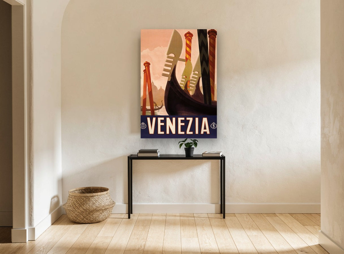 Venezia Gondola Prows vintage canvas print on the wall of a hallway
