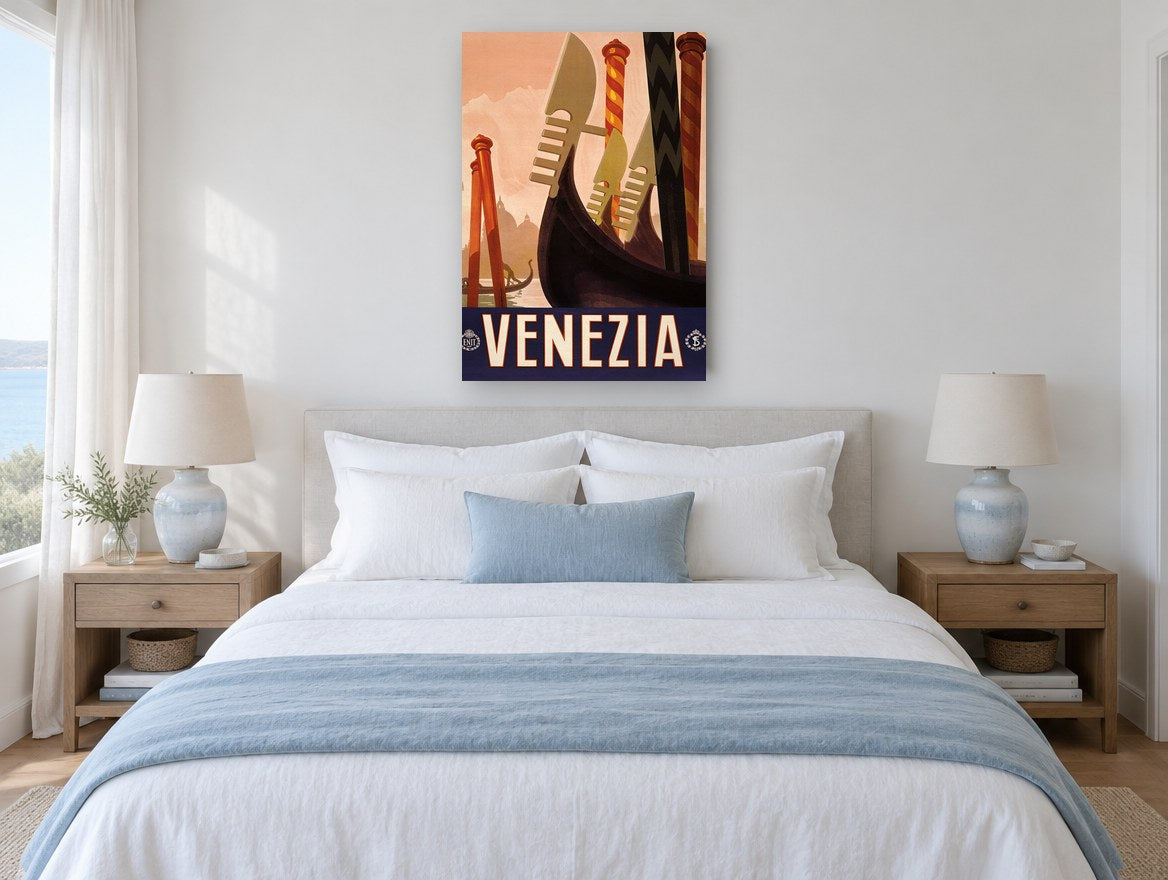 Venezia Gondola Prows vintage canvas print on the wall of a coastal bedroom
