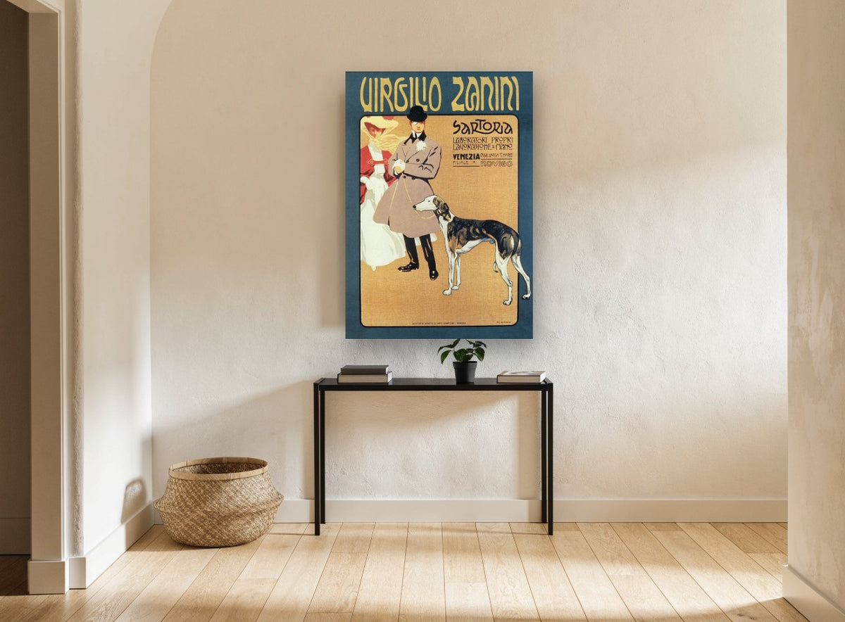 Venetian Tailor's Greyhound vintage canvas print on the wall of a hallway