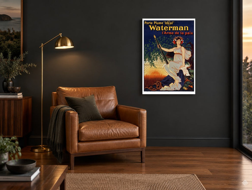 Waterman Weapon of Peace vintage canvas print on the wall of a charcoal living room