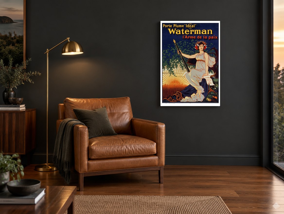 Waterman Weapon of Peace vintage canvas print on the wall of a charcoal living room