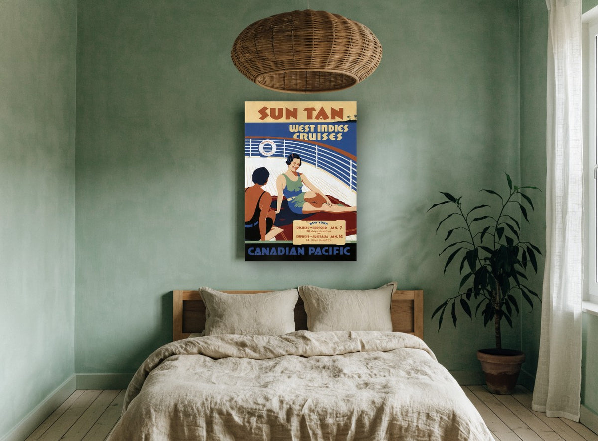 Sun Tan Deck Cruise vintage canvas print on the wall of a bedroom