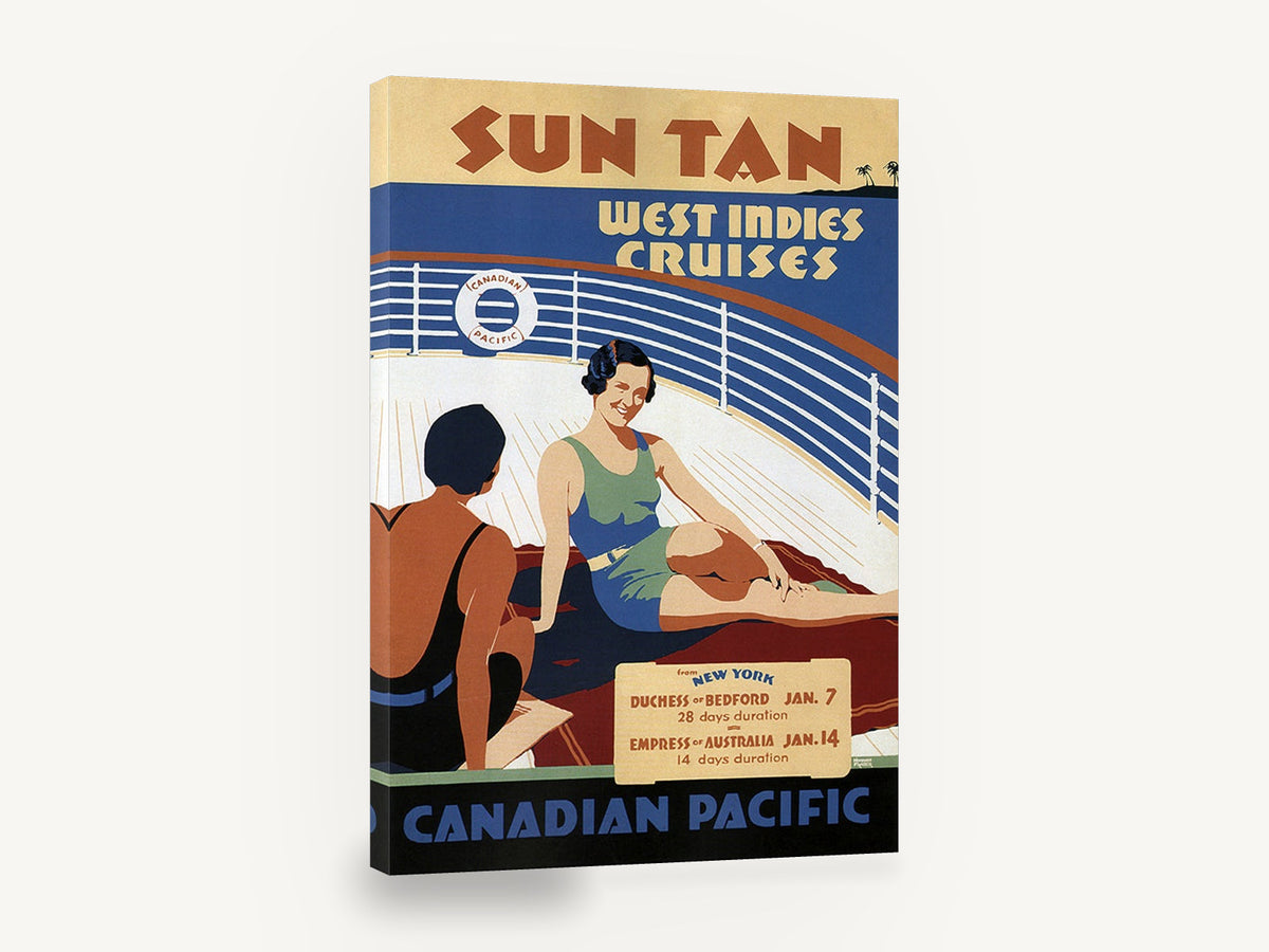 Sun Tan Deck Cruise, vintage west indies cruise travel poster, stretched canvas wall art print ready to hang