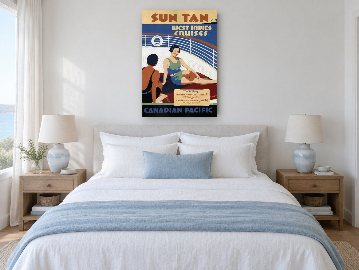 Sun Tan Deck Cruise vintage canvas print on the wall of a coastal bedroom