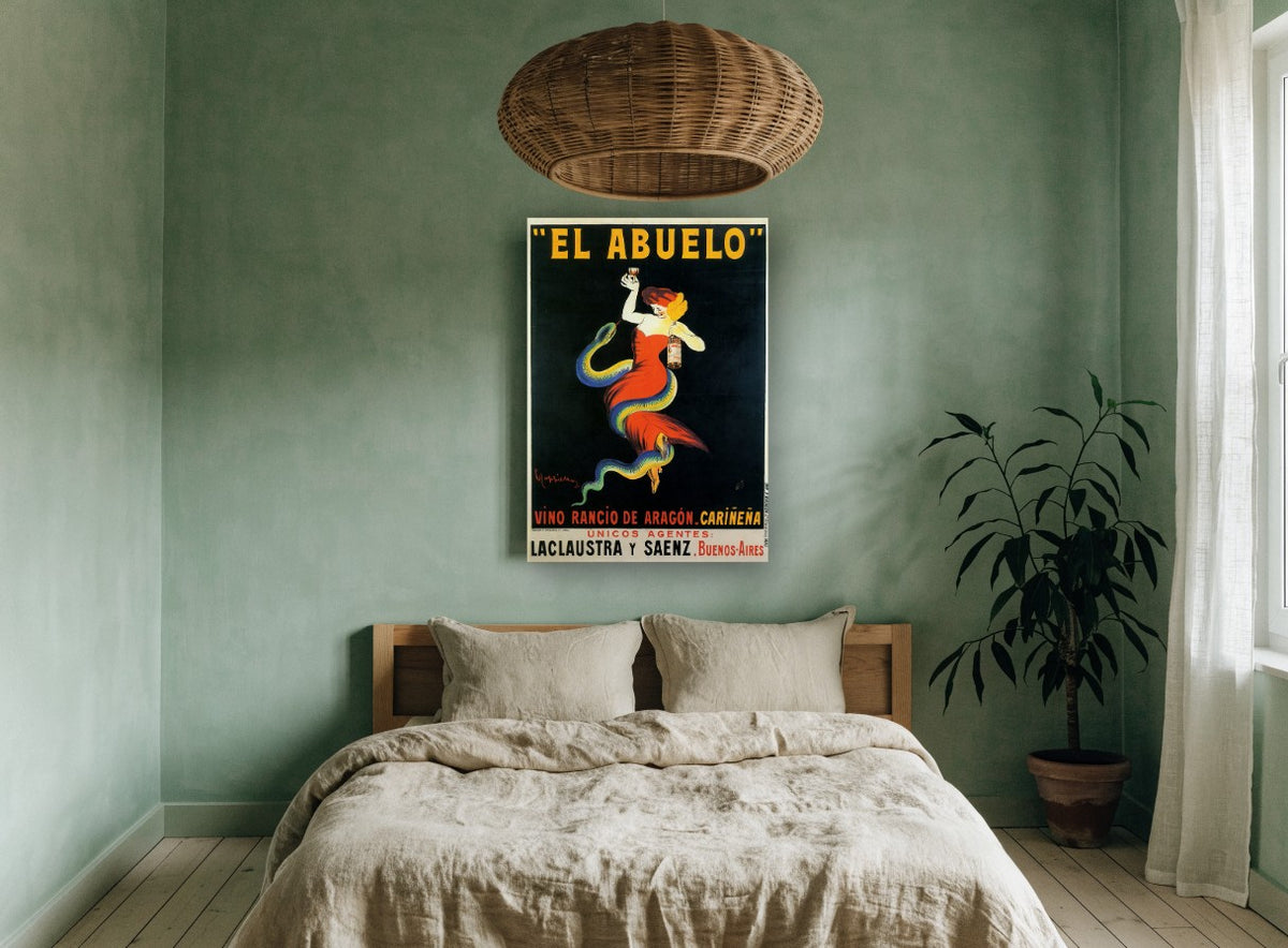 El Abuelo Serpent Lady vintage canvas print on the wall of a bedroom