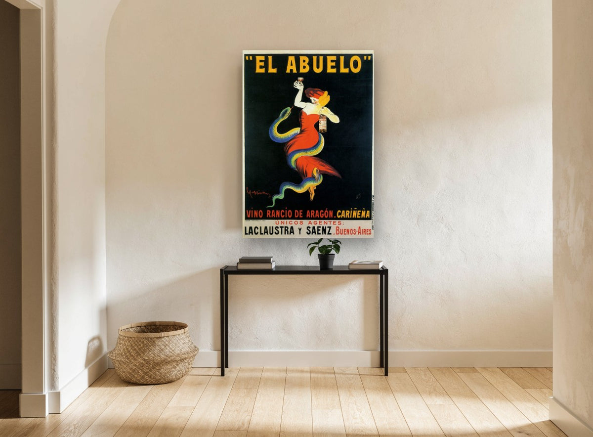 El Abuelo Serpent Lady vintage canvas print on the wall of a hallway