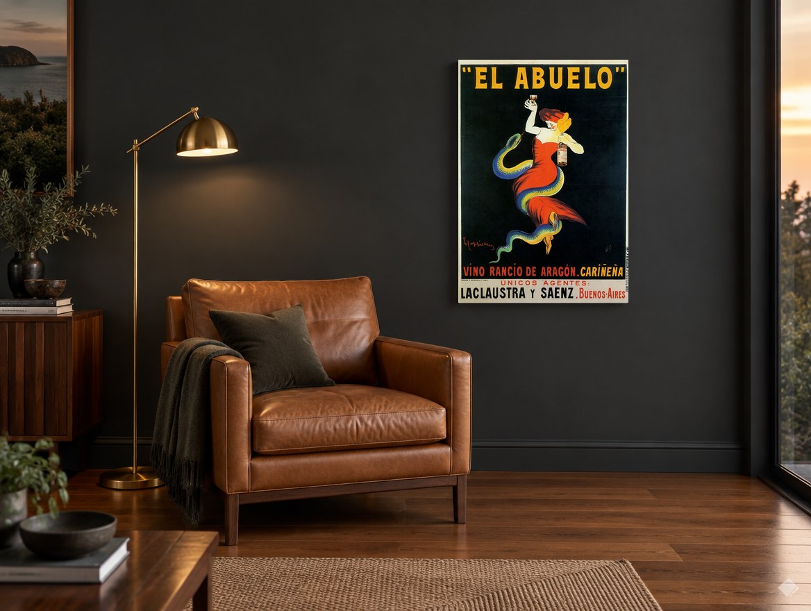 El Abuelo Serpent Lady vintage canvas print on the wall of a charcoal living room