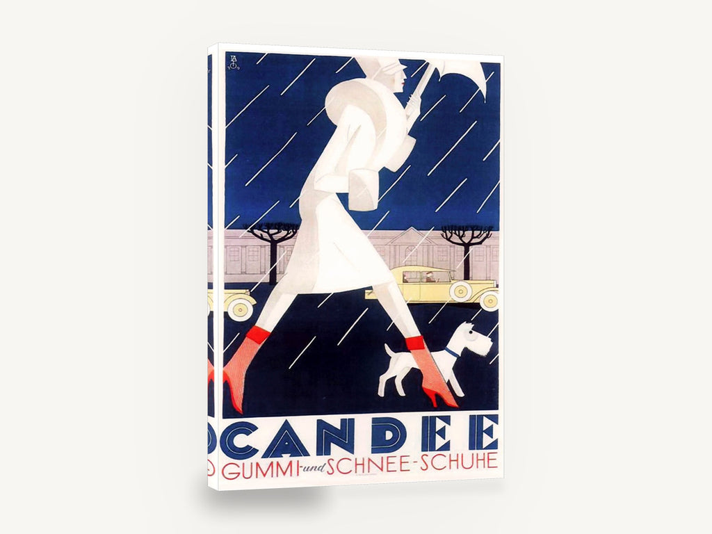 Candee Rainy Day Stride, vintage art deco rain boot advertising poster, stretched canvas wall art print ready to hang
