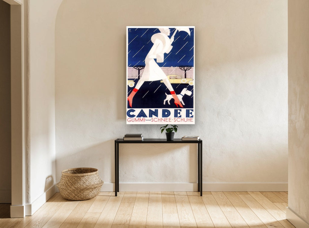 Candee Rainy Day Stride vintage canvas print on the wall of a hallway