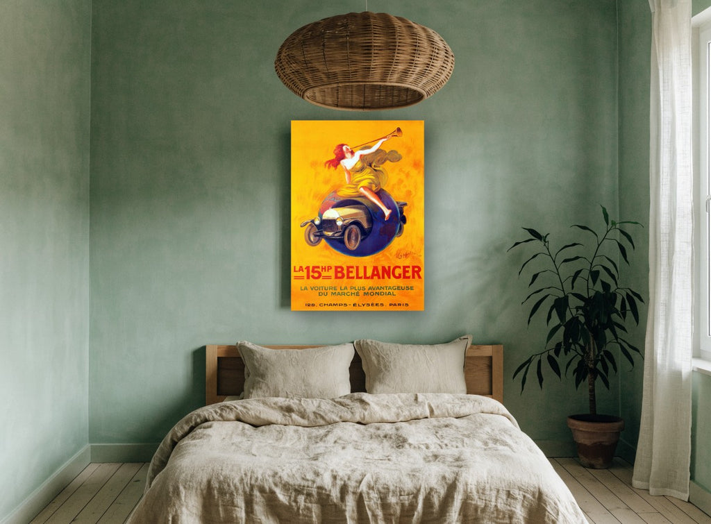 Bellanger Trumpeting Globe vintage canvas print on the wall of a bedroom