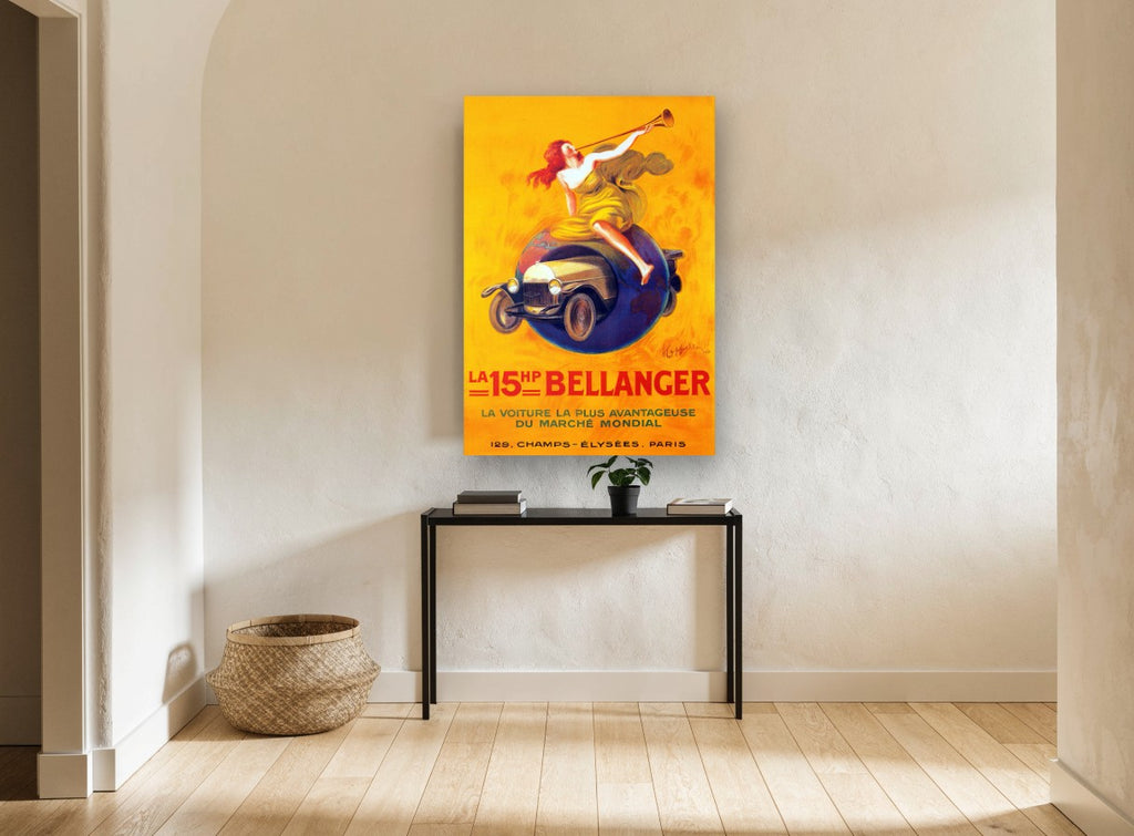 Bellanger Trumpeting Globe vintage canvas print on the wall of a hallway