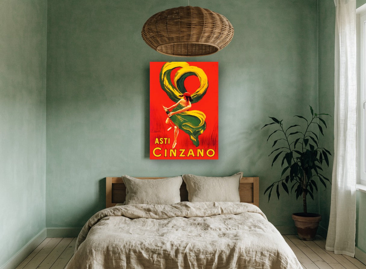Dancing Asti Cinzano vintage canvas print on the wall of a bedroom