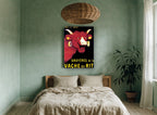 Laughing Red Cow vintage canvas print on the wall of a bedroom