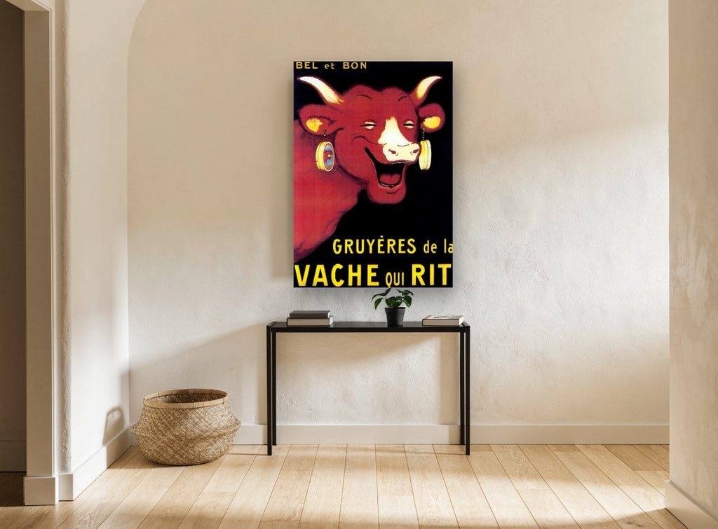Laughing Red Cow vintage canvas print on the wall of a hallway