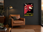 Laughing Red Cow vintage canvas print on the wall of a charcoal living room