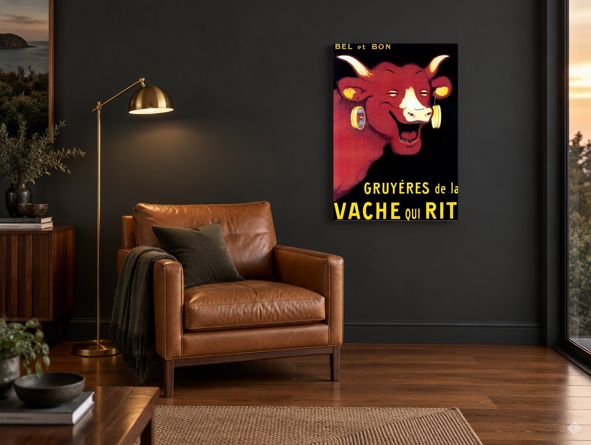 Laughing Red Cow vintage canvas print on the wall of a charcoal living room