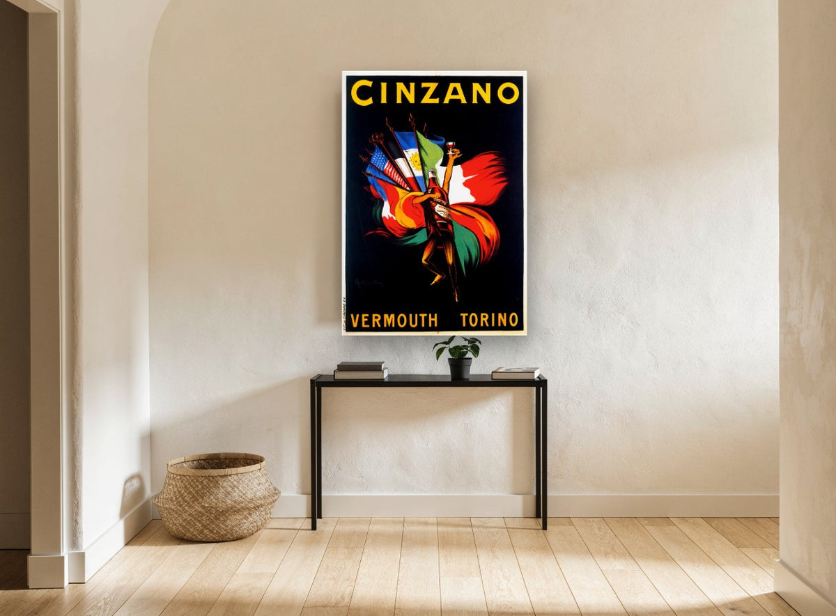 Cinzano Flags Aloft vintage canvas print on the wall of a hallway