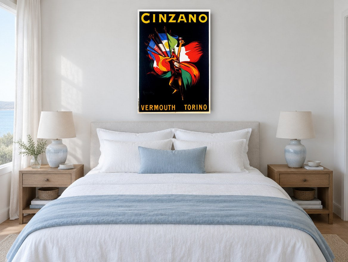 Cinzano Flags Aloft vintage canvas print on the wall of a coastal bedroom