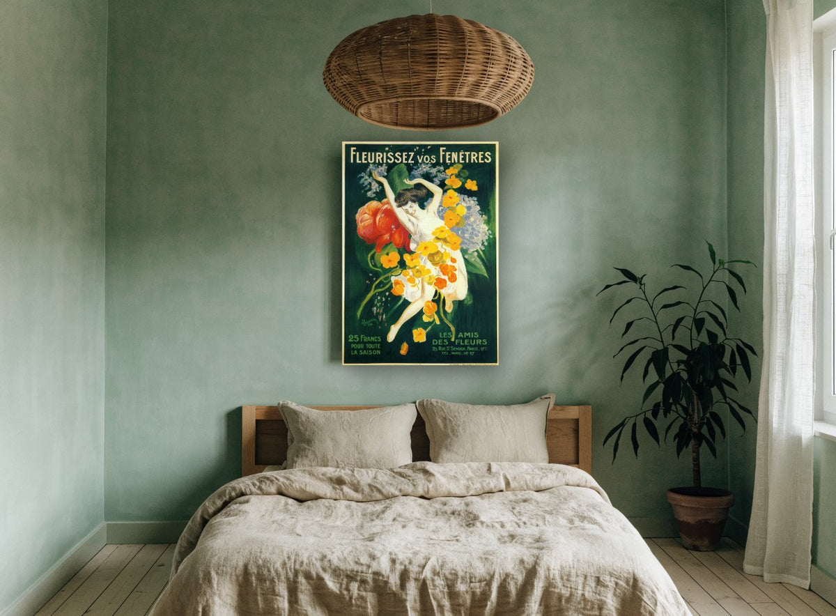 Fleurissez Vos Fenêtres vintage canvas print on the wall of a bedroom