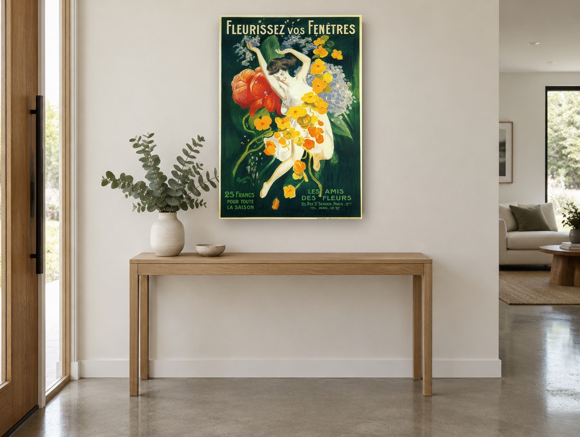Fleurissez Vos Fenêtres vintage canvas print on the wall of a entry hall