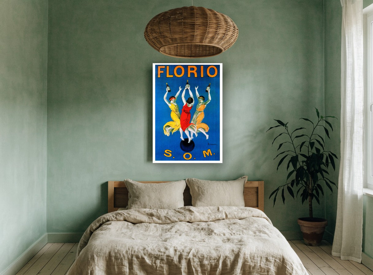 Florio Dancing Trio vintage canvas print on the wall of a bedroom