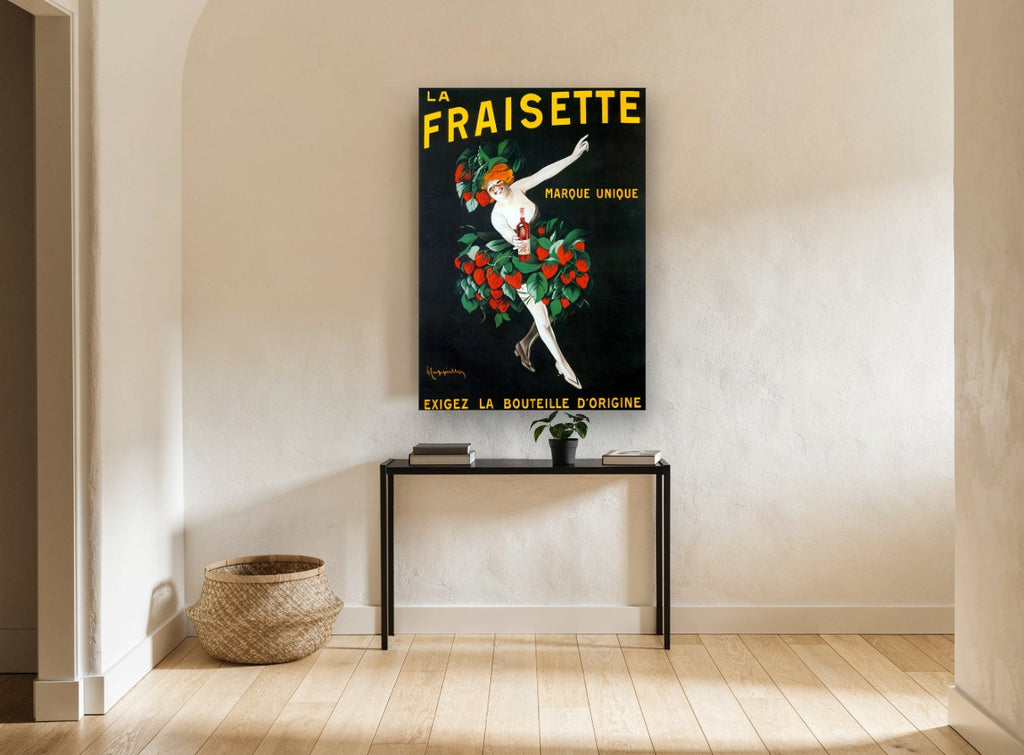 Strawberry Dancer Liqueur vintage canvas print on the wall of a hallway