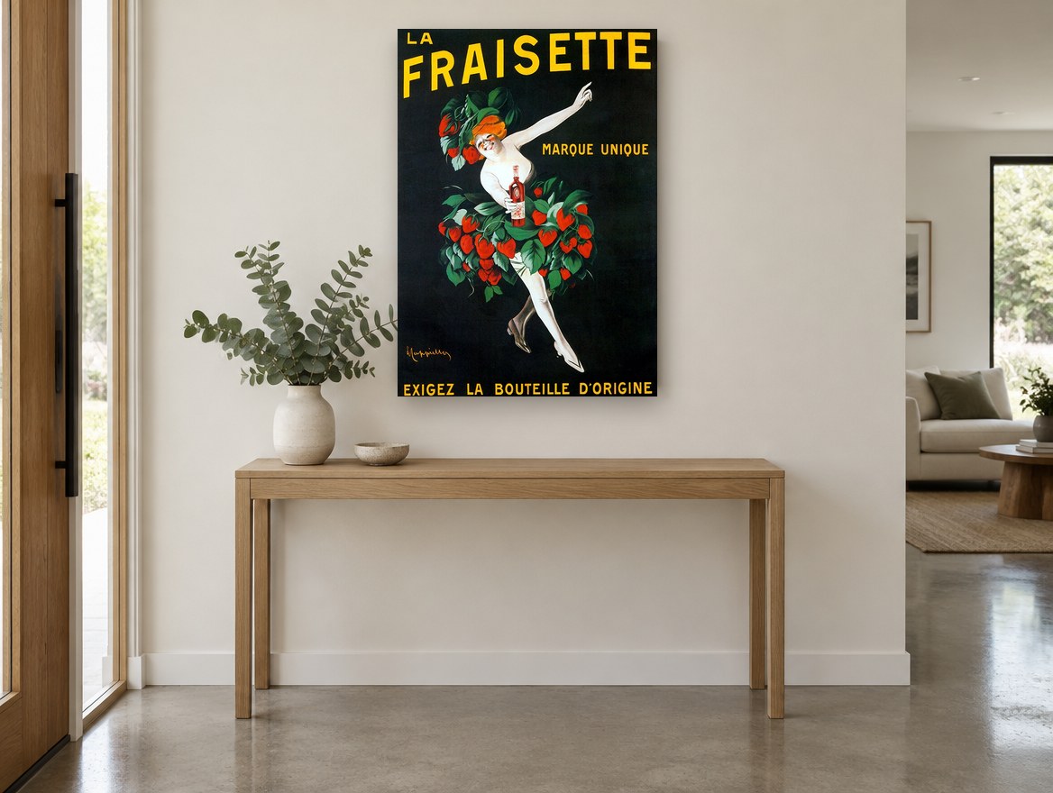 Strawberry Dancer Liqueur vintage canvas print on the wall of a entry hall