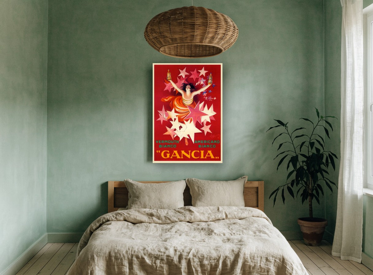 Gancia Starburst Lady vintage canvas print on the wall of a bedroom