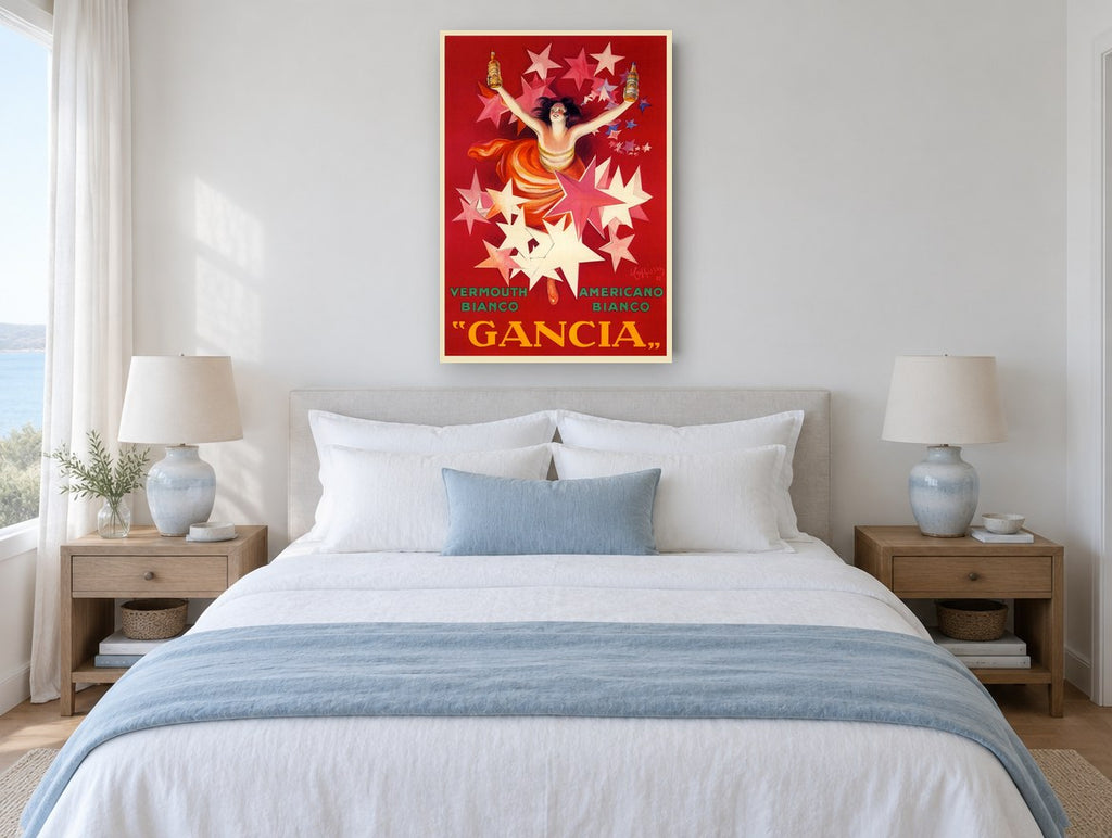 Gancia Starburst Lady vintage canvas print on the wall of a coastal bedroom