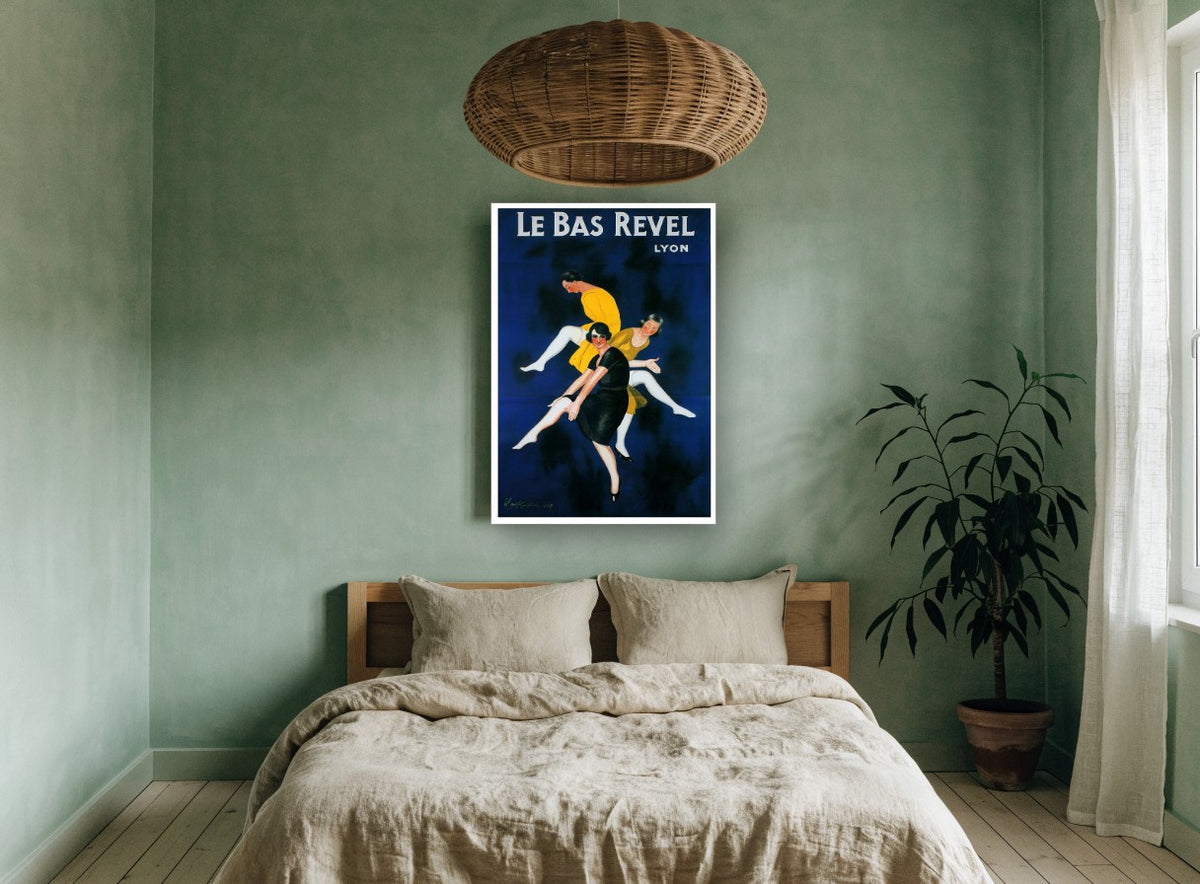 Leaping Stocking Trio vintage canvas print on the wall of a bedroom