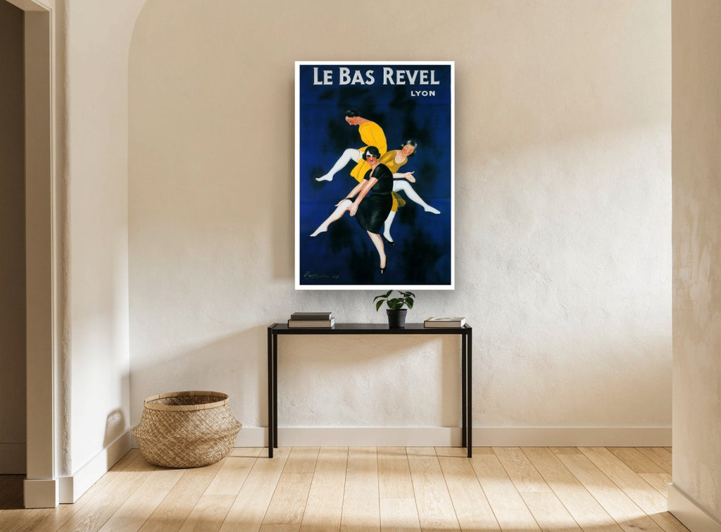 Leaping Stocking Trio vintage canvas print on the wall of a hallway
