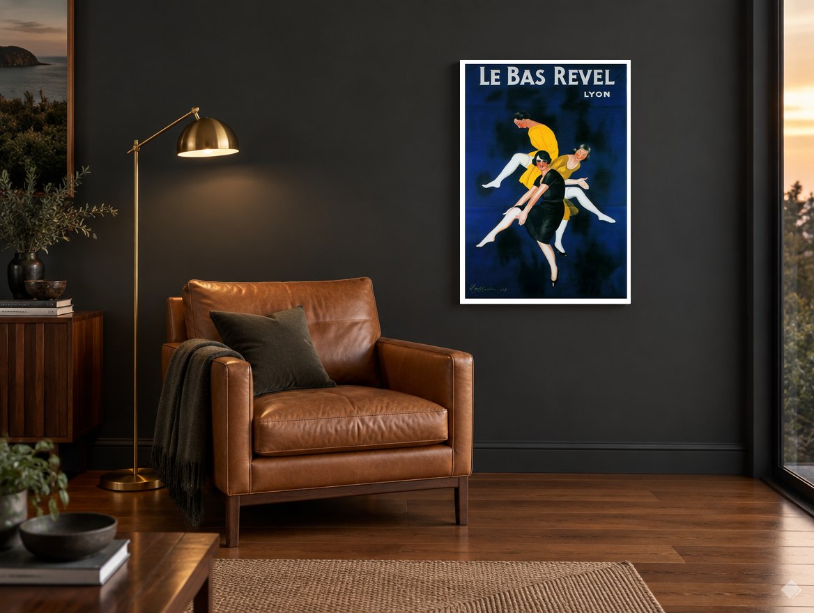 Leaping Stocking Trio vintage canvas print on the wall of a charcoal living room