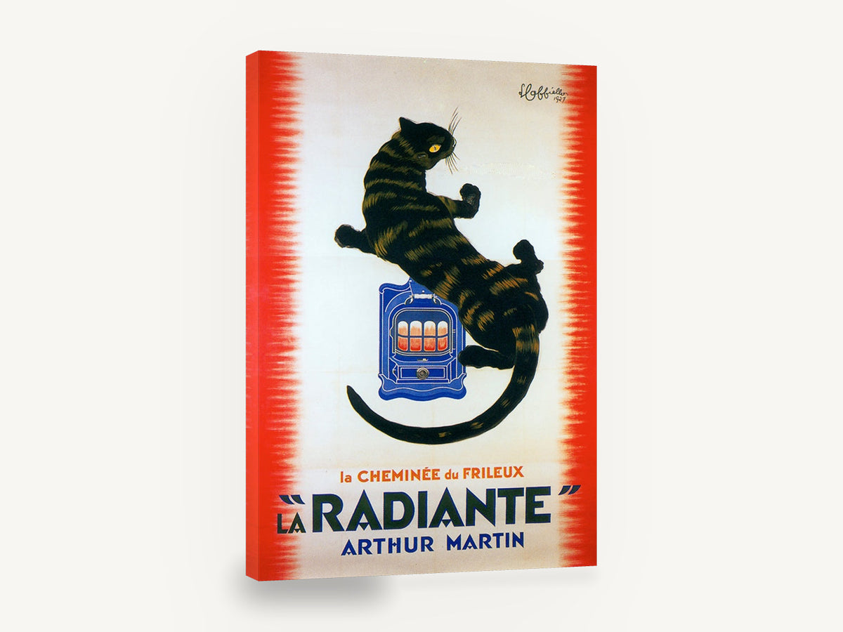 Cat on the Radiante, vintage cat heater advertising poster, stretched canvas wall art print ready to hang