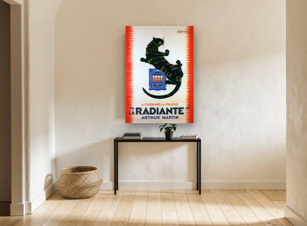 Cat on the Radiante vintage canvas print on the wall of a hallway