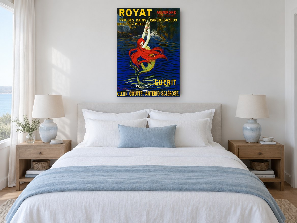 Mermaid of Royat vintage canvas print on the wall of a coastal bedroom